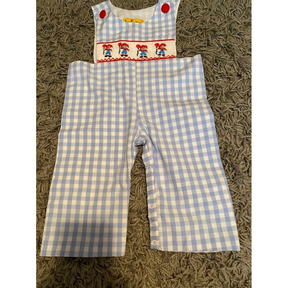 Five Little Monkeys Raggedy Andy Smocked Gingham Longall Blue White 12M
